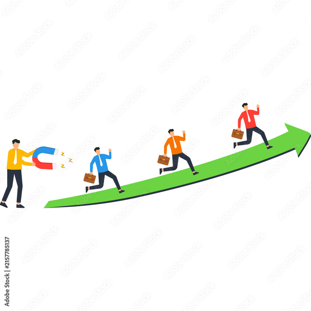 Fototapeta premium Business people running upward arrow showing magnetic attraction market growth customer acquisition sales success career advancement motivated employees flat design