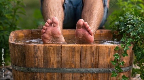 Person submerges bare feet into a wooden tub filled with water amidst lush greenery.