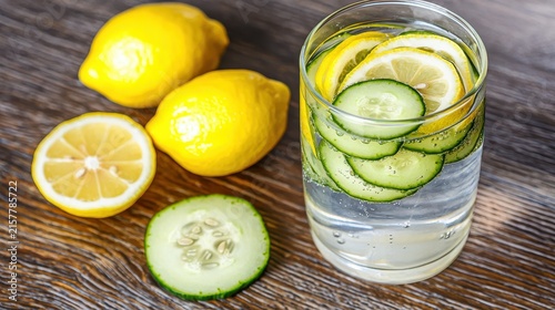 Refreshing lemon and cucumber infused water in a glass on a wooden surface with fresh lemons