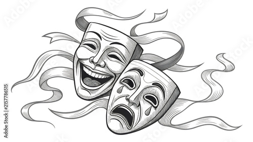 Cuadro en lienzo Comedy and Tragedy theater masks illustration with flowing ribbons in black and