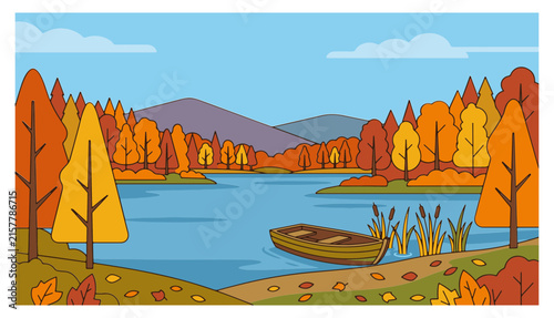 Scenic Autumn Lake Landscape with Wooden Rowboat, Reeds, and Vibrant Fall Foliage Forest