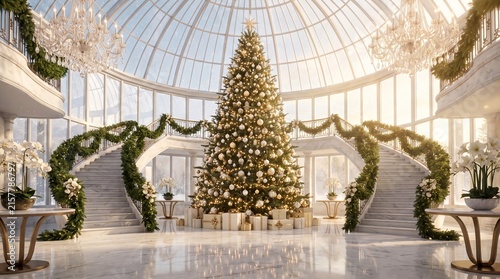 Luxurious icy crystal hall decorated for Christmas with illuminated tree and frosted podium display
