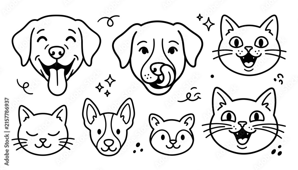 Fototapeta premium ute hand drawn vector set of happy dog and cat faces doodles isolated on white background pet care illustration elements