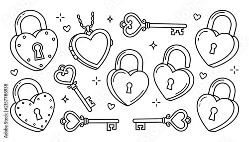 Canvastavla Set of hand drawn heart shaped padlocks and vintage keys doodles isolated on whi