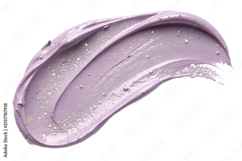 Fototapeta premium Lavender cosmetic cream smear with tiny shimmering golden sparkles isolated on a white on transparent background