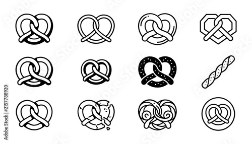 German Pretzel and Bakery Bread Line Icon Set Featuring Salty Twists Soft Snacks and Traditional Bavarian Food Symbols for Oktoberfest Graphic Designs