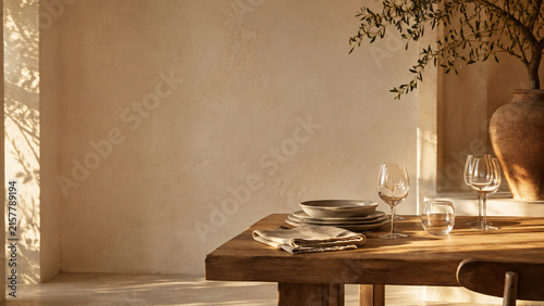 Tidy Dining Table After a Small Gathering in Golden Light