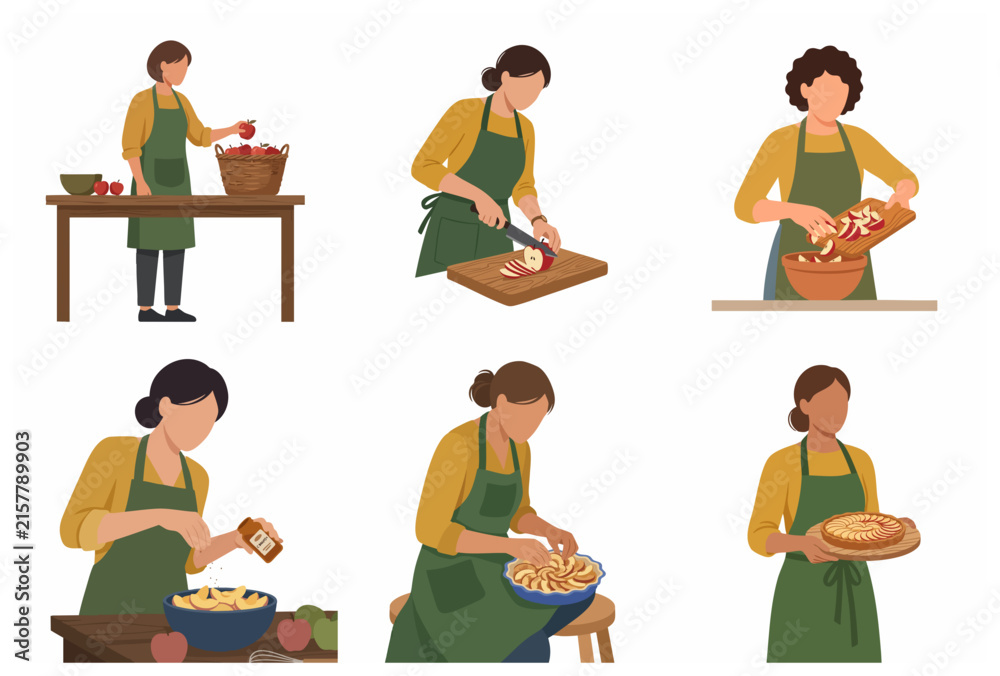 Fototapeta premium Set of vector illustrations showing a woman baking a homemade apple pie step by step from picking apples to the finished dessert.