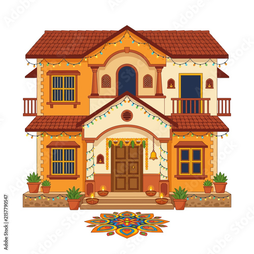 Traditional Indian house decorated with oil lamps and lights for Diwali festival celebration