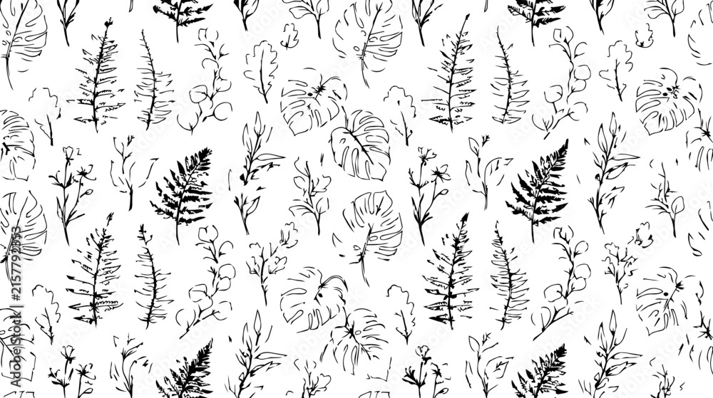 Obraz premium Natural Seamless Botanical Pattern. Hand-drawn Sketch Leaves and Ferns on White Background. Black and White Illustration for Design and Decor.