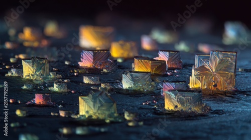 microscopic artistic view of colorful crystalline salt formations growing across a dark surface, geometric translucent structures illuminated by soft