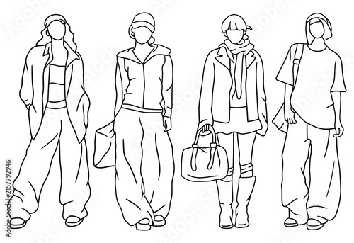 Minimalist fashion girl vector outline set. Detailed black and white summer outfits, dress, and casual clothing illustrations, perfect for printable coloring book page activities