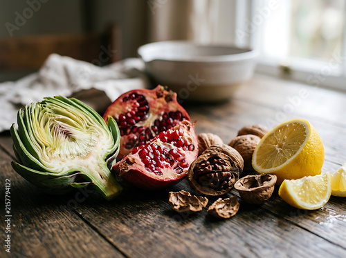 Rustic still life featuring halved artichoke pomegranate walnuts and fresh sliced citrus fruit pieces with displays rustic arrangement produce with cracked walnuts lemon, lemon wedges wood, vegetarian