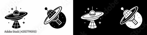 SpaceThemed Vector Icons Showing Flying Saucer UFO and Planets with Rings in Minimalist Style Design