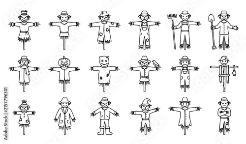 Quadro su tela Scarecrow Strawman Farmer Garden Harvest and Rustic Farm Guardian Thin Line Vect