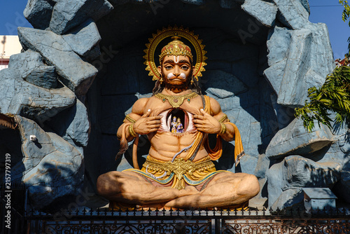 India. Uttarakhand. Rishikesh. A monumental statue of the Hindu god Hanuman, his chest split open to reveal Rama and Sita