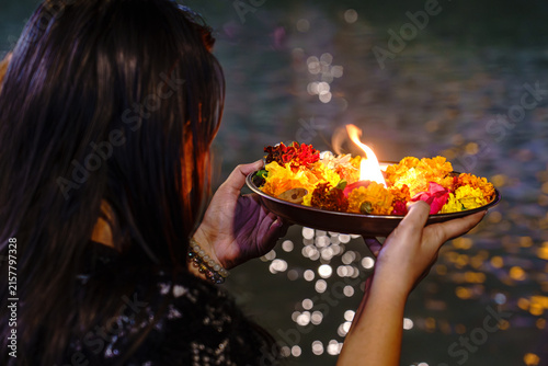 India. Uttarakhand. Rishikesh. The offering to the Ganges during the Ganga Aarti