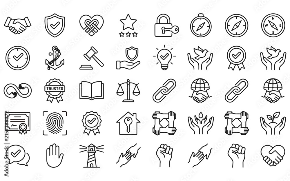 Fototapeta premium Trust Web Icon Set in Linear Style. Collection of trustworthy, line icons, including trustworthy, credibility, confidence, integrity, confidence, promise, loyalty, honesty and more. Editable stroke
