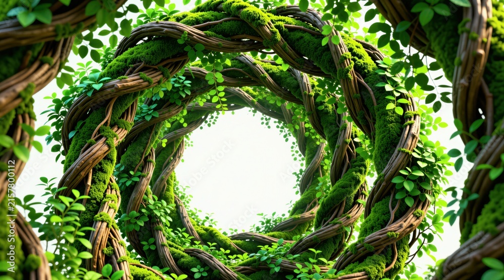 Fototapeta premium Twisted vine archway covered in moss and leaves forms a natural gateway. Rich green plants create a vibrant organic frame against a bright white background. This portal looks magical.