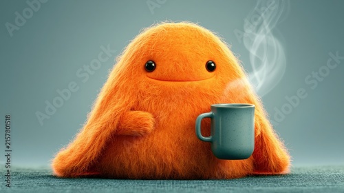 Fluffy orange creature holding a mug with steam rising.