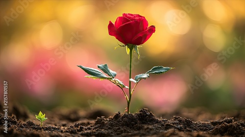 Single red rose blooms from dark soil, a tender sprout emerges beside it