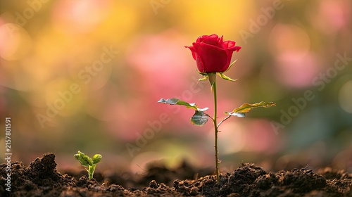 A single vibrant red rose stands tall, emerging from earth with a tiny sprout