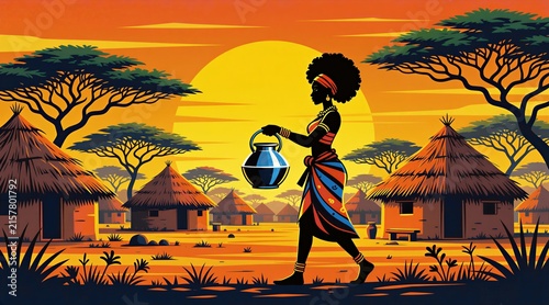 Silhouette of African woman walks with water jug at sunset. Tribal village with huts and trees in background. Warm orange sky, traditional culture.