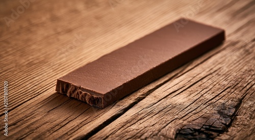 Smooth, dark chocolate bar resting on textured, rustic wooden planks