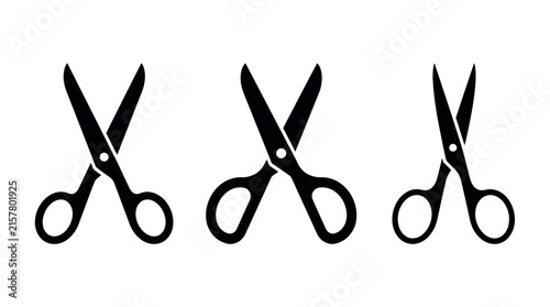 Set of three black minimalist scissor icons with different blade and handle shapes on white, illustrating professional tailoring tools and provides versatile elements for craft branding