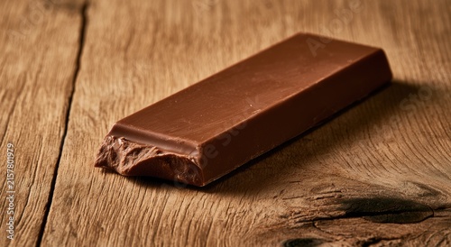 A single bar of milk chocolate rests on a rustic wooden surface