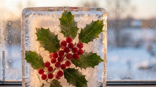 Christmas holly branch with red berries frozen inside a clear ice block next to a window with snowy winter background