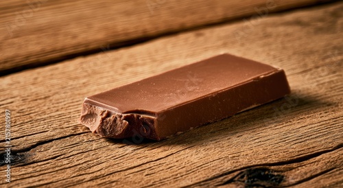A single, rich brown chocolate bar with a bite taken out, on wood