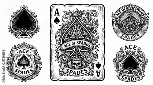 Vintage engraved ace of spades set featuring ornate playing cards with skulls and crowns in black and white tattoo style, representing gambling designs and symbolizing aesthetic art projects