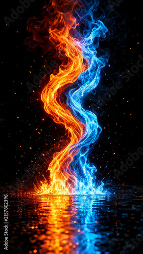 Abstract representation of contrasting elements with swirling pillars of orange fire and blue ice energy colliding over a dark reflective water surface in a black void space
