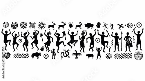 Black prehistoric tribal cave painting silhouettes showing dancing people hunters and wild animals on white background, symbolizing historical education and representing cultural identity
