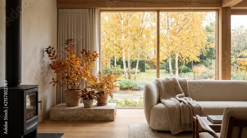 Cozy minimalist living room interior with a warm boucle sofa and large window looking out to golden autumn foliage trees