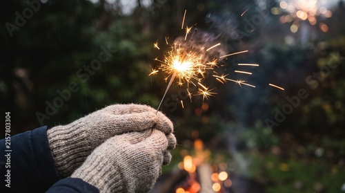 Close up of hands in cozy wool mittens holding a glowing sparkling wire sparkler during festive outdoor bonfire night