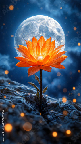 Ethereal orange flower blooming from a dark rocky surface under a giant luminous full moon in a starry deep blue night sky with floating golden embers and light