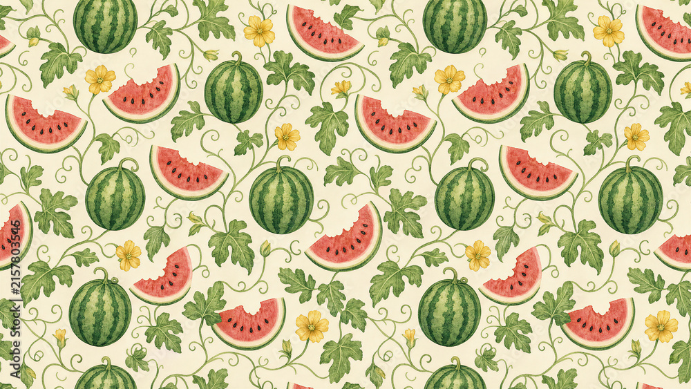 Seamless fruitpattern with whole watermelons, bitten watermelon slices, yellow flowers, and vines on a light background