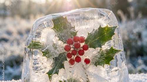Vibrant red christmas holly berries and green leaves frozen inside pure clear ice block under winter morning sun flare