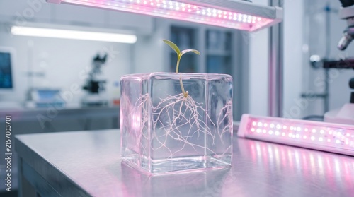 Small green seedling with visible root system growing in glass cube under pink led light inside modern science laboratory