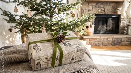 Cozy minimalist Christmas gift box wrapped in vintage newspaper print with green velvet ribbon under the holiday pine tree