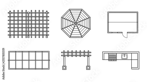 Architectural technical drawings of outdoor garden structures and furniture plans.