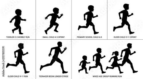 Collection of black silhouettes showing children and teenagers at different ages running.