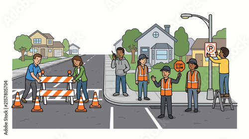 Diverse construction workers managing traffic and installing road signs in a residential neighborhood.
