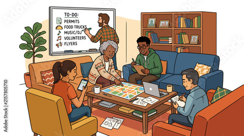 Diverse group of people collaborating on a community project in a cozy office setting.