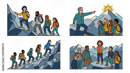 Diverse group of hikers climbing mountains in nature scenes.