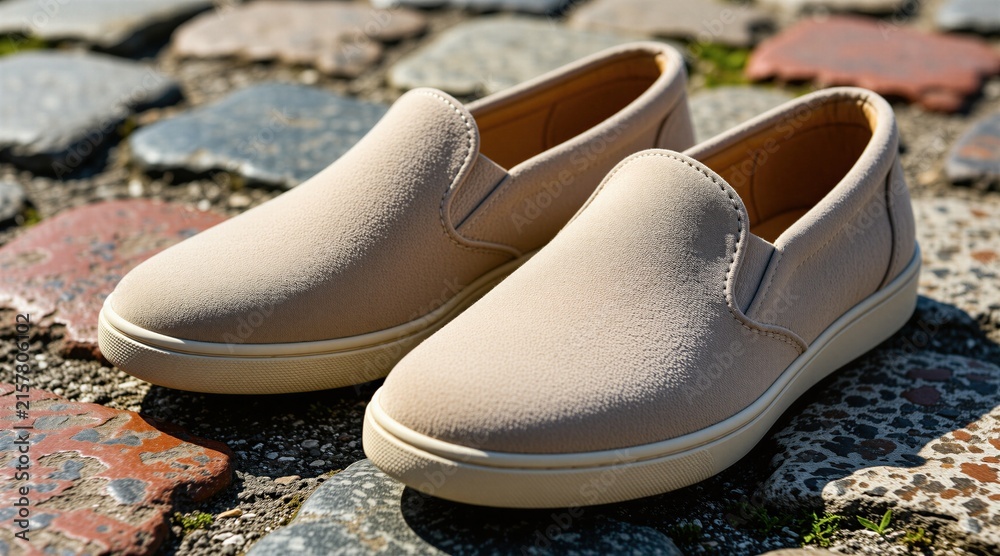 Naklejka premium Pair of beige slipon shoes sit on old grey cobblestone road surface. Minimalist leather footwear rests outdoors under bright sun lighting. Comfortable casual summer sneakers stand on textured