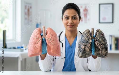 Female doctor comparing healthy and damaged lungs in medical office with respiratory comparison pulmonary physician