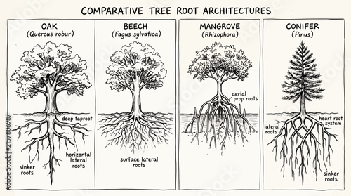 Educational diagram showing comparative tree root architectures of oak beech mangrove and conifer species.